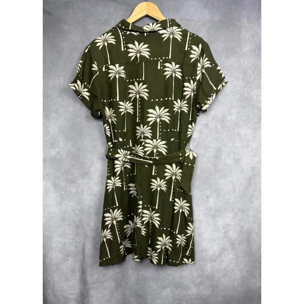 Tahari Olive Green Linen Blend Palm Tree Print Belted Shirt Dress Large NWT